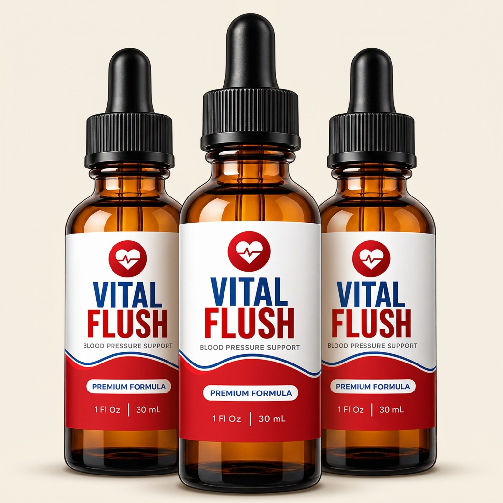 Three amber glass VitalFlush dropper bottles
